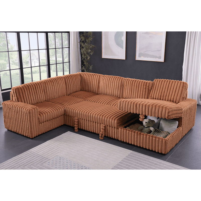 Oversized 122" U-Shaped Sectional Sleeper Sofa Bed with Pull-Out Bed,Storage Chaise,Rabbit Plush,7-Seat, Orange