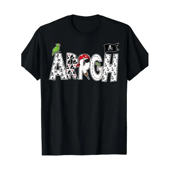 Men's Funny ARRGH Pirate Graphic T-Shirt - Black Short Sleeve Casual Tee with Skull & Crossbones, Parrot & Swords Design