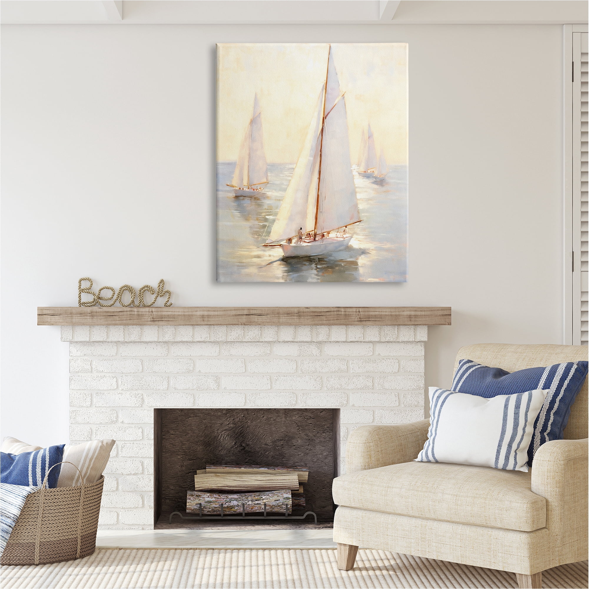 Stupell Industries Sunlit Sailboats Painting Transportation Painting Gallery Wrapped Canvas Art Print Wall Art, 36 x 48
