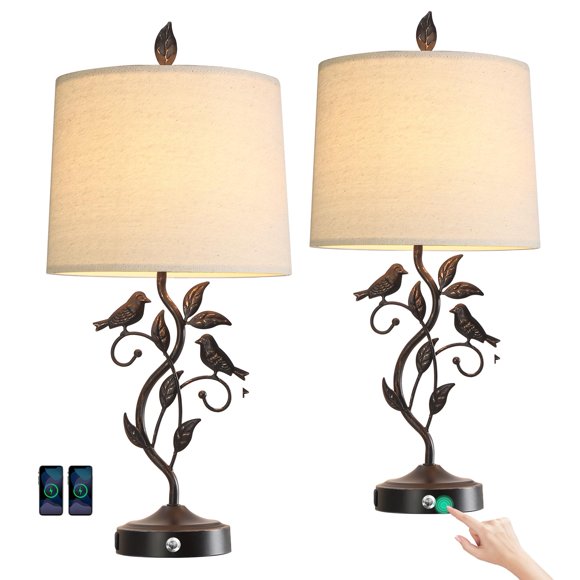 Lámpara RORIANO 27" táctil, regulable en 3 niveles, bronce, con 2 puertos USB