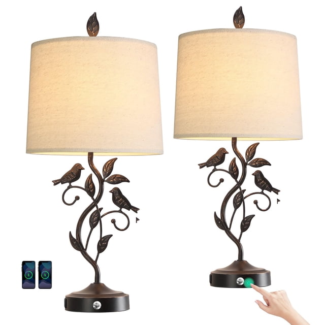 Lámpara RORIANO 27" táctil, regulable en 3 niveles, bronce, con 2 puertos USB