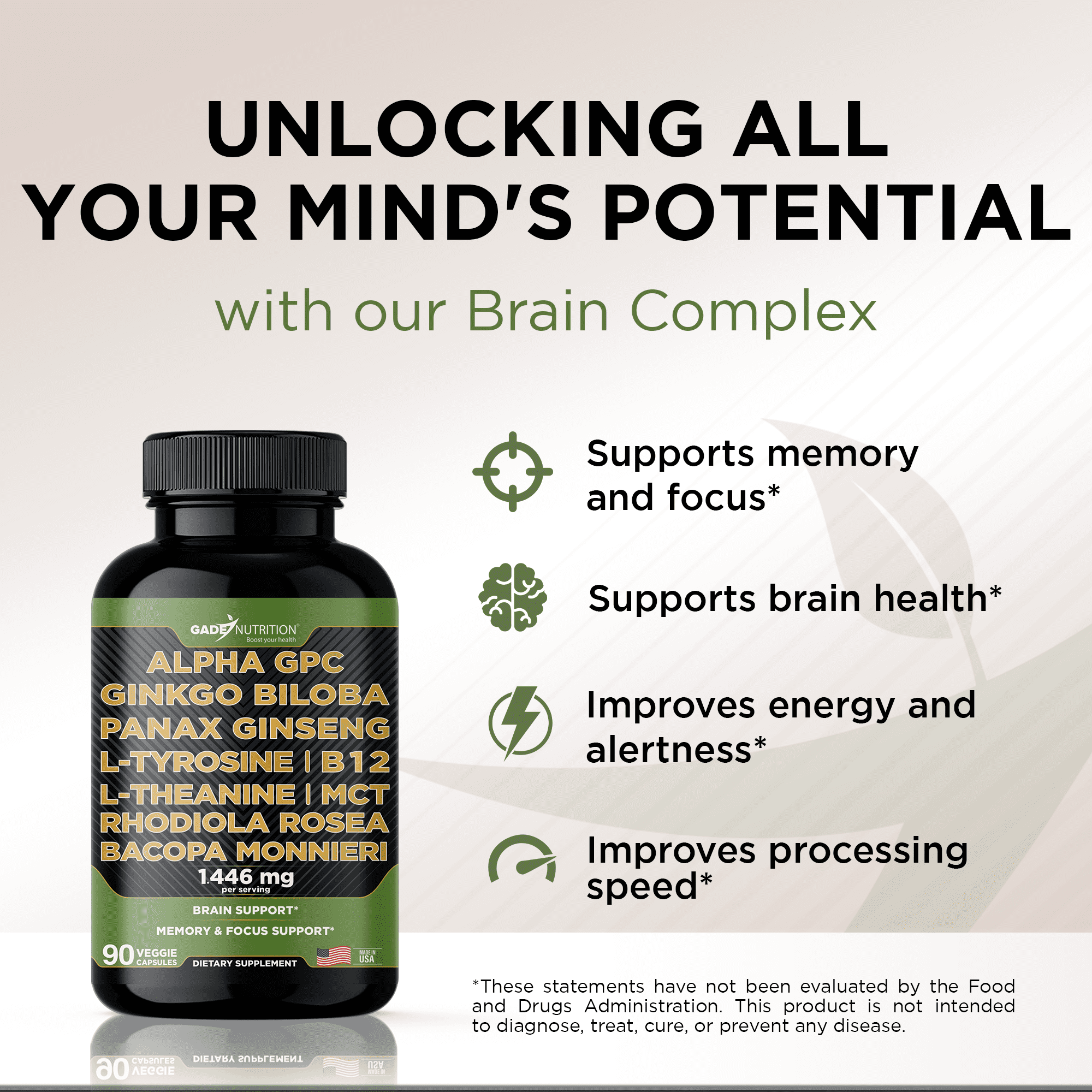 Gade Nutrition Alpha GPC with Ginkgo Biloba, Ginseng, L Theanine, B12, Bacopa Monnieri, L Tyrosine, Rhodiola Rosea - 90 Caps - Made in USA