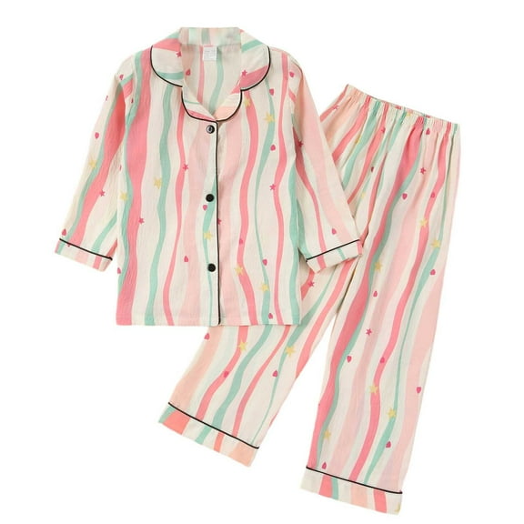 WOYY Toddler Girls Cotton Long Sleeve Button Down Shirt Pants Sleepwear, Sizes 1-6
