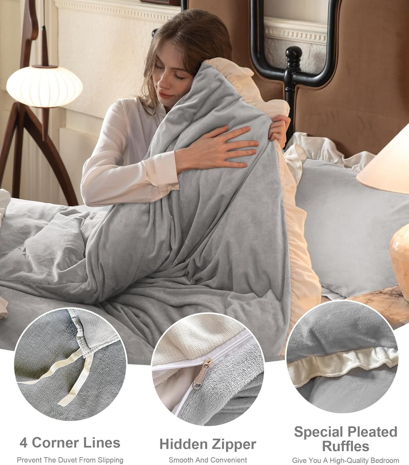 TOPCHANCES 3 Piece Duvet Cover Set, Soft Velvet Fabric Bedding Sets with Zipper Closure and 1 Pillowcase (Gray, Twin Size)