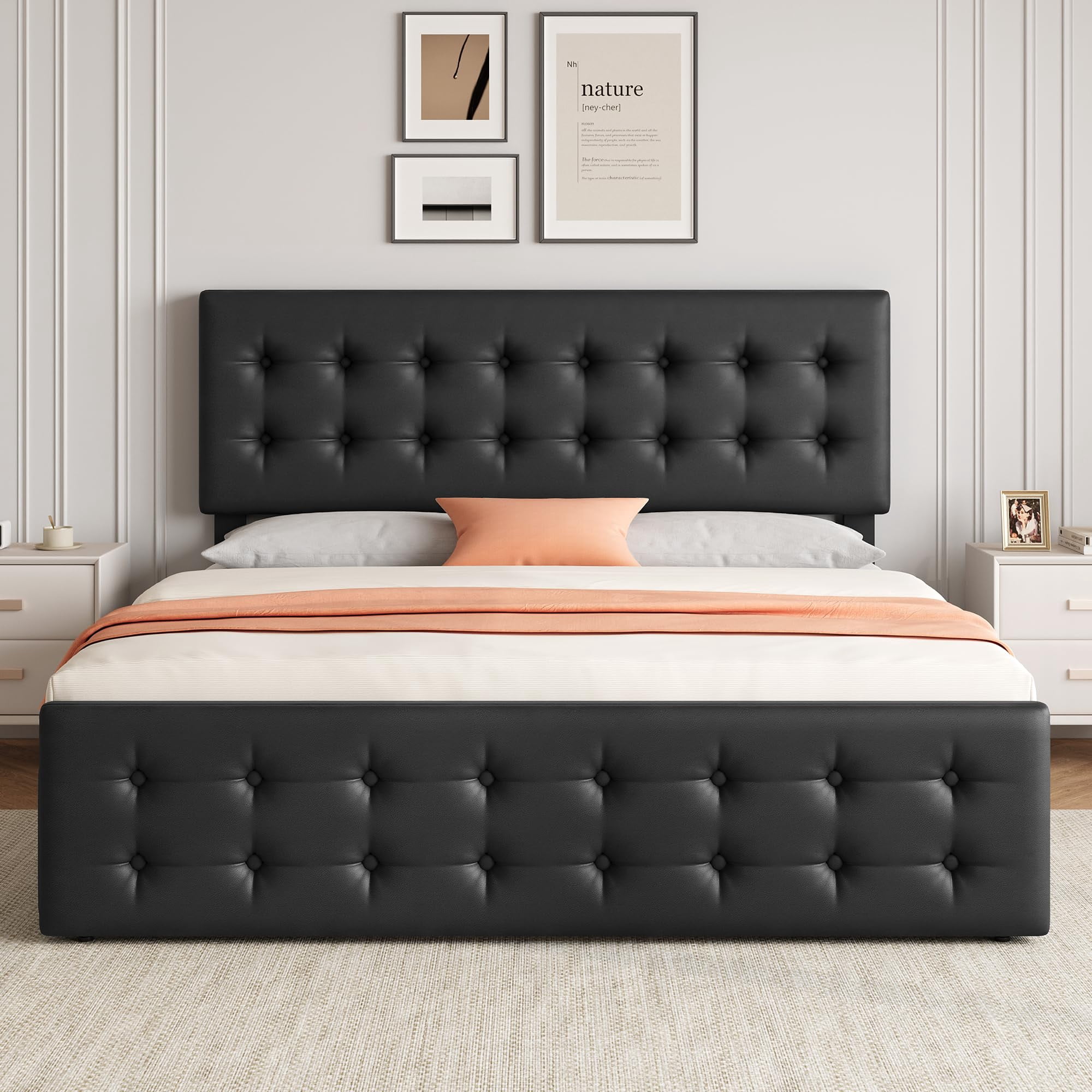 TROPOW King Size Bed Frame,with 4 Storage Drawers and Headboard, Linen Upholstered Platform Bed Frame with Wooden Slats Support, Button Tufted Design, No Box Spring Needed,Black