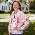 thumbnail image 4 of COEQINE Soft Girls Quarter Zip Pullover with Collar, Long Sleeve Loose Fit Printed Sweatshirt, Comfortable Polyester Top for Everyday, for Teen Girls 13-14, Axolotl Daisy Pink, 4 of 7