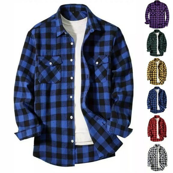 Zimjoy Men's Button Shirts Casual Plaid Long Sleeve Shirts Flannel Regular Fit Work Dress Shirt Turn Down Collared Elegant Clothing with Chest Pockets, Blue L