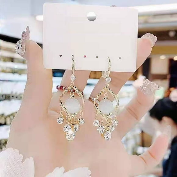 Dvkptbk Earring Rhinestone Powder White Cat's Eye Rhinestone Geometric Diamond Pendant Earrings Temperament Net Red Ear Jewelry