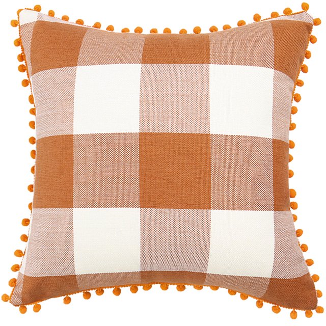 Clásico Búfalo Cuadros Fundas Cojines Cubiertas con Pompones Decorativo Funda Cojín Poliester Funda Almohada Cobertor para Sofa/Sillón/Cama 18 x 18 Pulgadas Naranja y beige