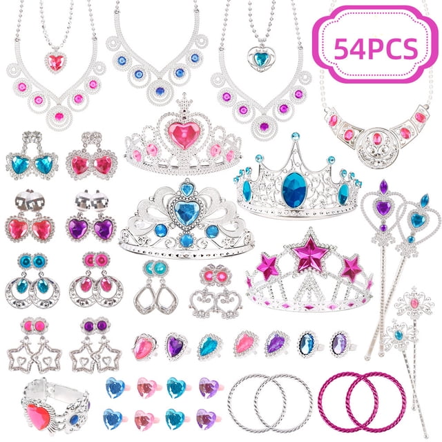 yeacher Girl's Pretend Play Jewelry Set with Earrings, Rings, Necklace, Tiara, and Magic Wand - SP03-2, 54-Piece Assorted Colors