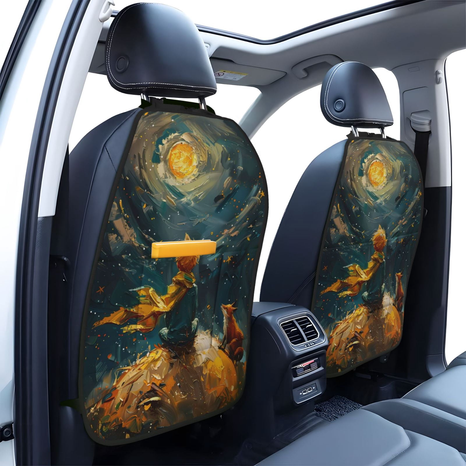 Xecao Whimsical Starry Night Scene Pattern Car Seat Back Protector 2 Pack Large Capacity Pocket, Kick Mats Back Seat Protector
