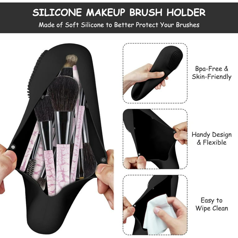 Unique Bargains Portable Travel Silicone Makeup Brush Holder Black Khaki 2 Pcs