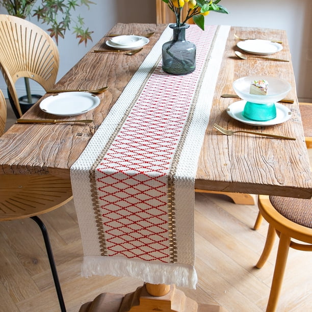 Camino de mesa de algodón y lino con costura de borlas, decoración para banquetes de bodas y fiestas, camino de mesa de línea de algodón de dos colores