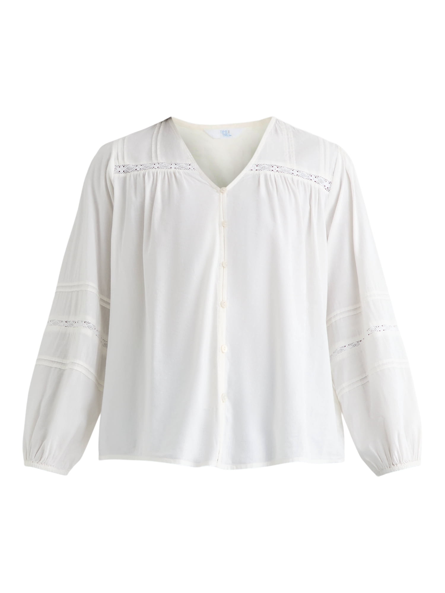 Time and Tru Women's Lace Inset Blouse with Long Sleeves, Sizes XS-XXXL