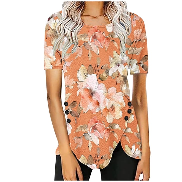 Blusas de Manga Corta para las Mujeres Botón Impreso Cuello Redondo Top Casual, Blusas para las Mujeres Casual