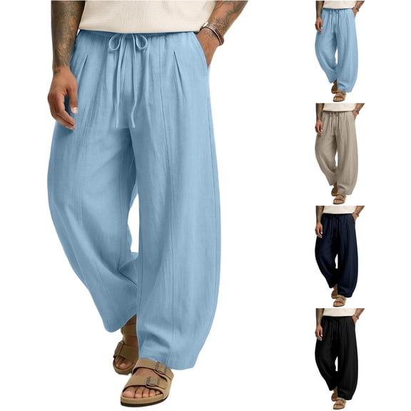 XIAONU Men's Solid Wide Leg Pants Drawstring Waist Pleated Detail Casual Pants