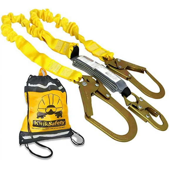 KwikSafety (Charlotte, NC) PYTHON 1 PACK (External Shock Absorber) Double Leg 6ft Safety Lanyard OSHA ANSI Fall Protection Restraint Equipment Snap Rebar Hook Connectors Construction Arborist Roofing