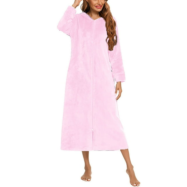 WRKEKC Robes for Women Solid Color Long Sleeve Fall Winter Flannel Open Front Hooded Zip Robe Womens Casual Bathrobe