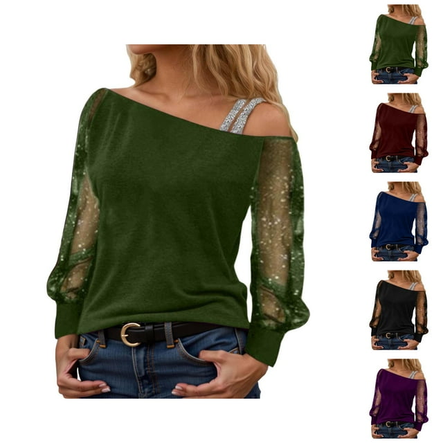 Sparkly Tops for Women 2026 Spring Fashionable Y2K Long Sleeve Off Shoulder Mesh T Shirts Going out Top Rave Outfits