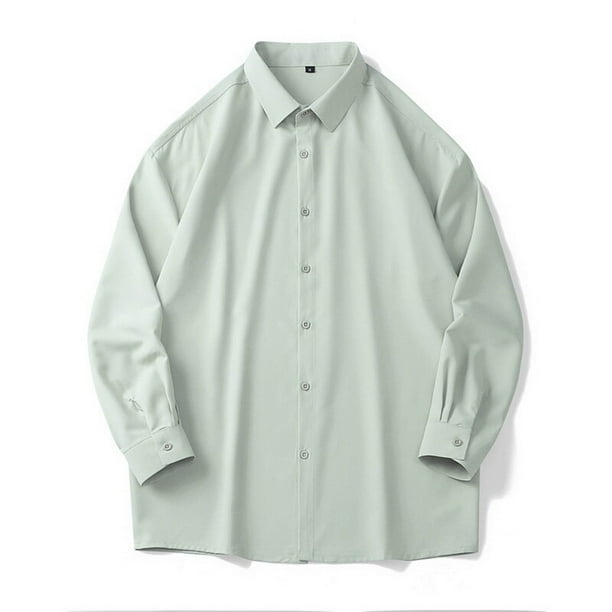 Blusa y camisa de manga larga con cuello vuelto para hombre, moda de color liso, informal, versátil, con solapa y botones, abrigo de poliéster de manga larga para hombre