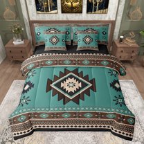 jejeloiu Rustic Western Aztec 7-Piece Twin Bedding Sets,Retro Bohemian Geometric Bedding Comforter Set,Cyan Brown Sheet Sets For Men Women,Home Decor Reversible