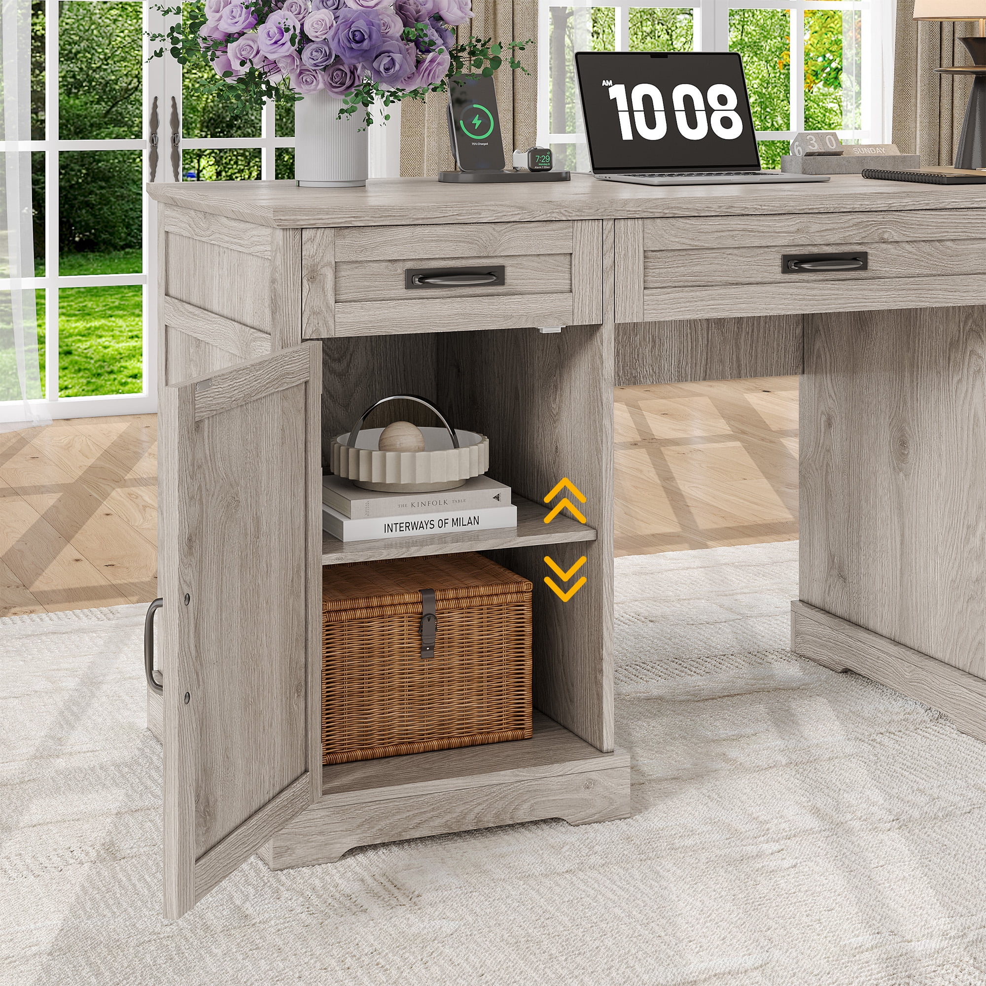 Executive Desk with File Drawers, 55'' Farmhouse Desk Modern for Adult Home Office, Wash Gray