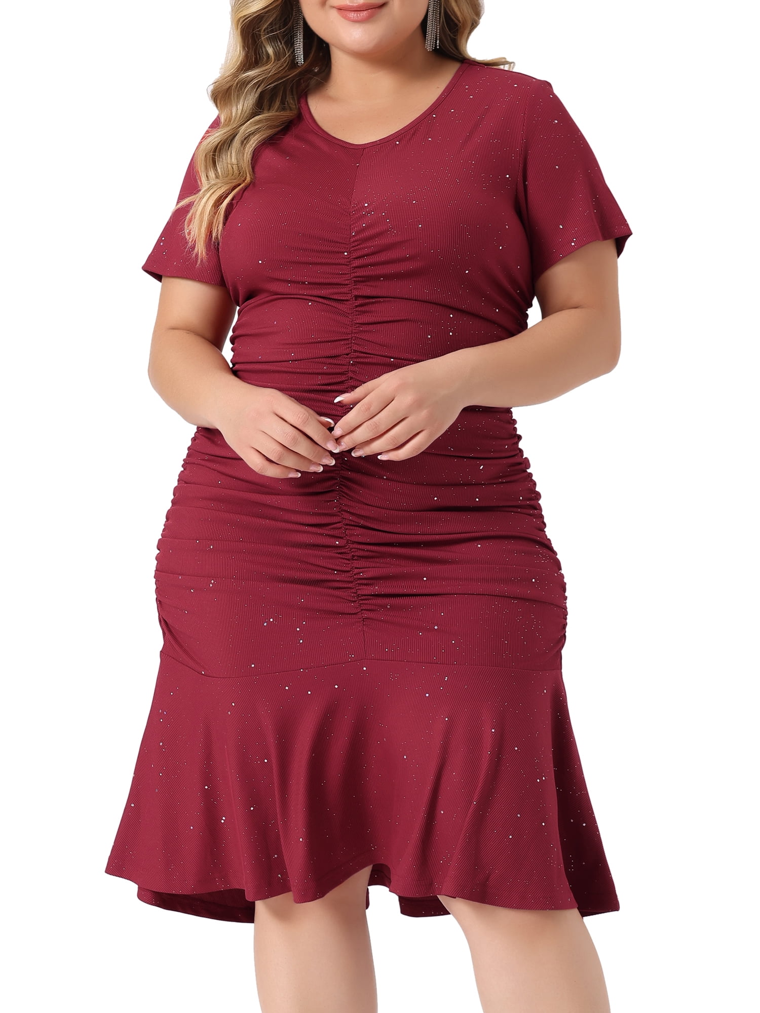 Unique Bargains Women Plus Size Ruffle Hem V Neck Short Sleeve Sequin Ruched Dresses 1X Burgundy
