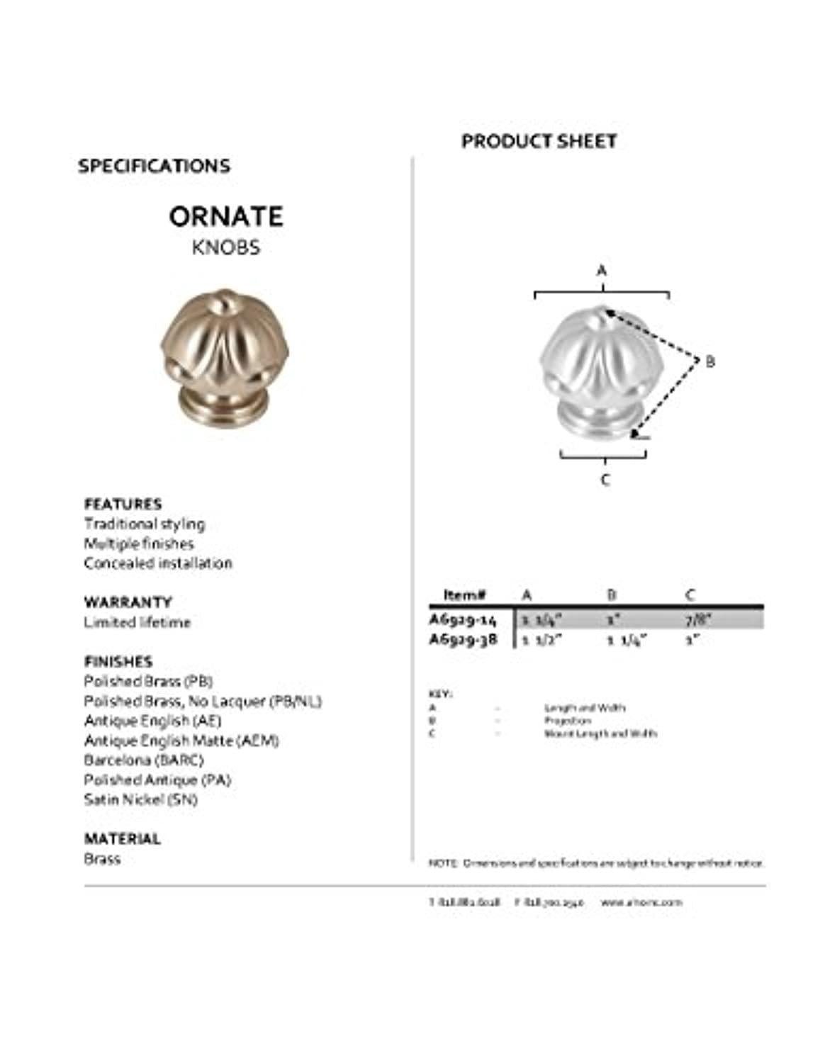 Alno A6929-38-BARC Ornate 1-1/2 Inch Cabinet Knob Barcelona