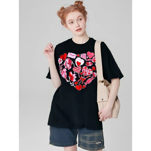 Valentine's Day Heart Print T-Shirt - 100% Cotton, Breathable & Soft, Casual Fit for Men & Women, Perfect Gift for Couples