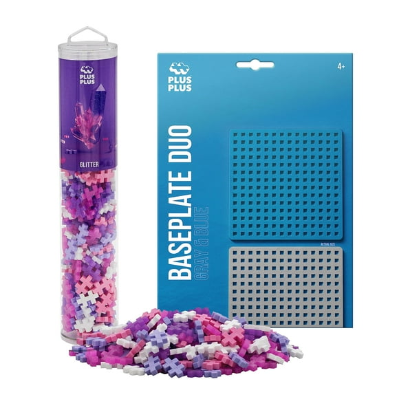 PLUS PLUS 240 Piece Interlocking Building Blocks for Kids, Open Ended Connecting Toys, STEM Bin Mini Manipulatives - Glitter Mix Play Tube & Baseplate