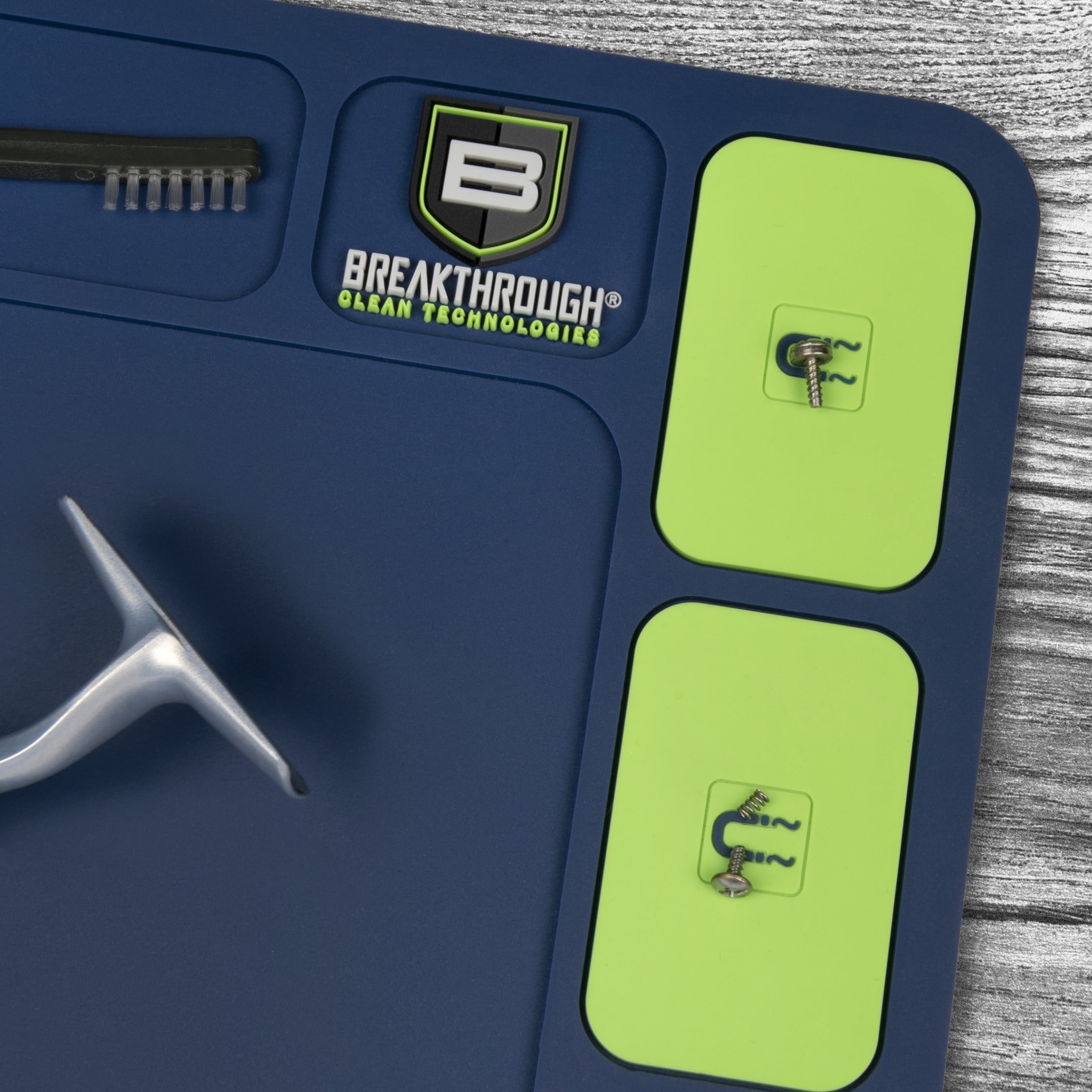 Breakthrough Clean Technologies Shield Series Fishing Reel Cleaning Mat  - Embedded Magnets & Tool Compartments + Heavy-Duty Pvc – Universal Size Maintenance Pad - Blue/Green