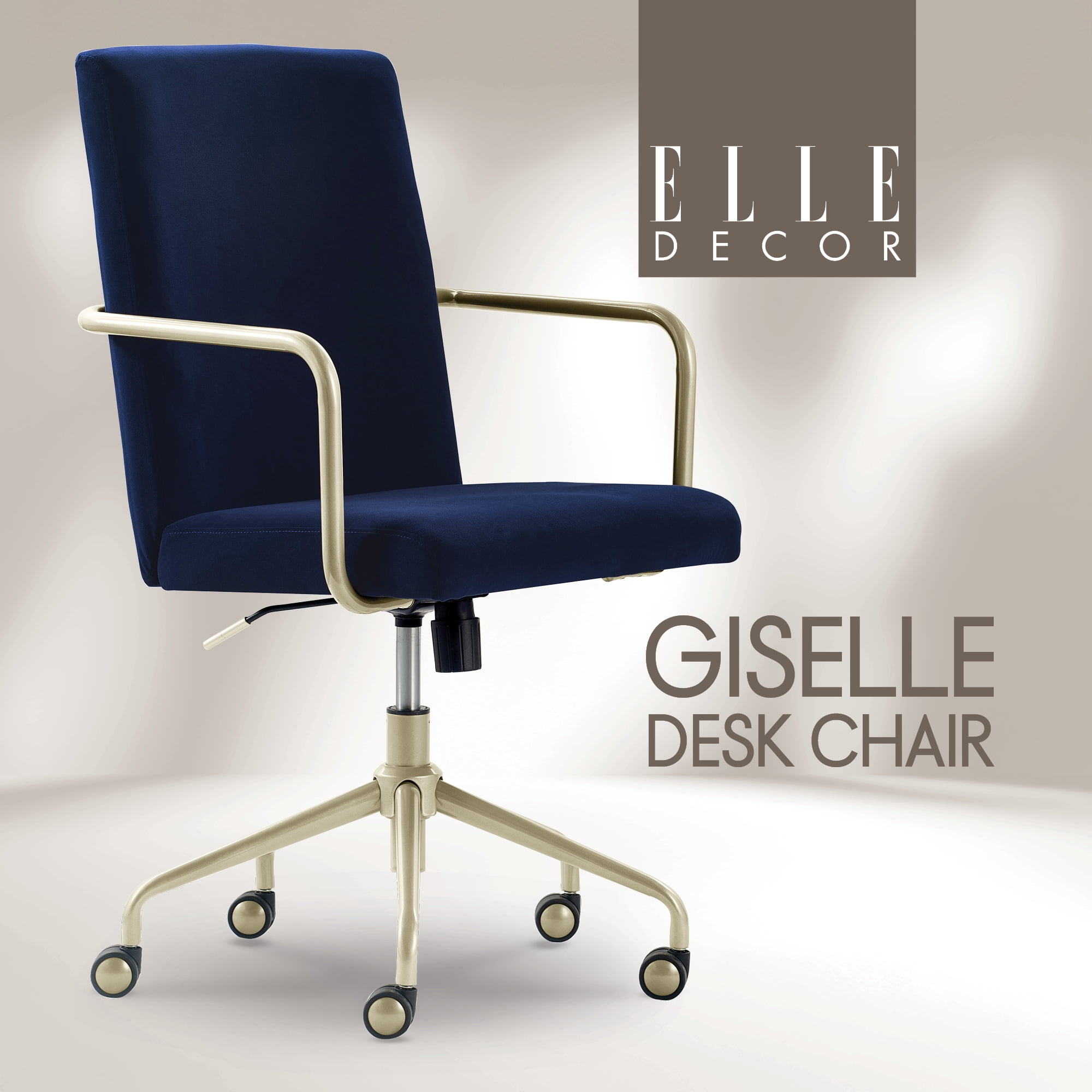 Elle Decor Giselle Modern Home Office Desk Chair, High Back Adjustable Computer Chair with Gold Arms, Base and Wheels, Velvet Fabric, Navy Blue