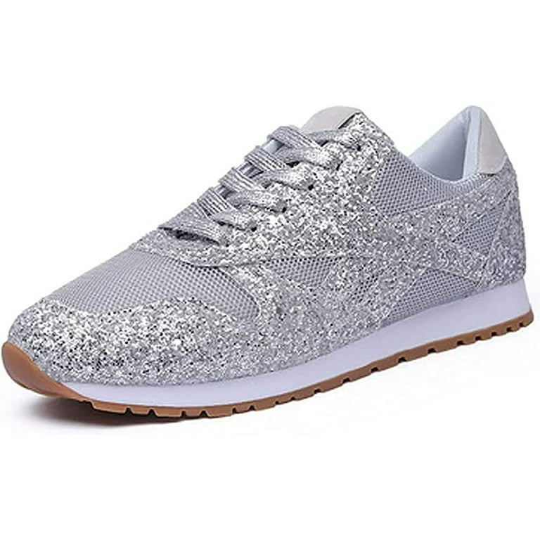 W1412 Women Fashion Sequin Sparkle Lace Up Tennis Sneakers Athletic Shoes  Flats