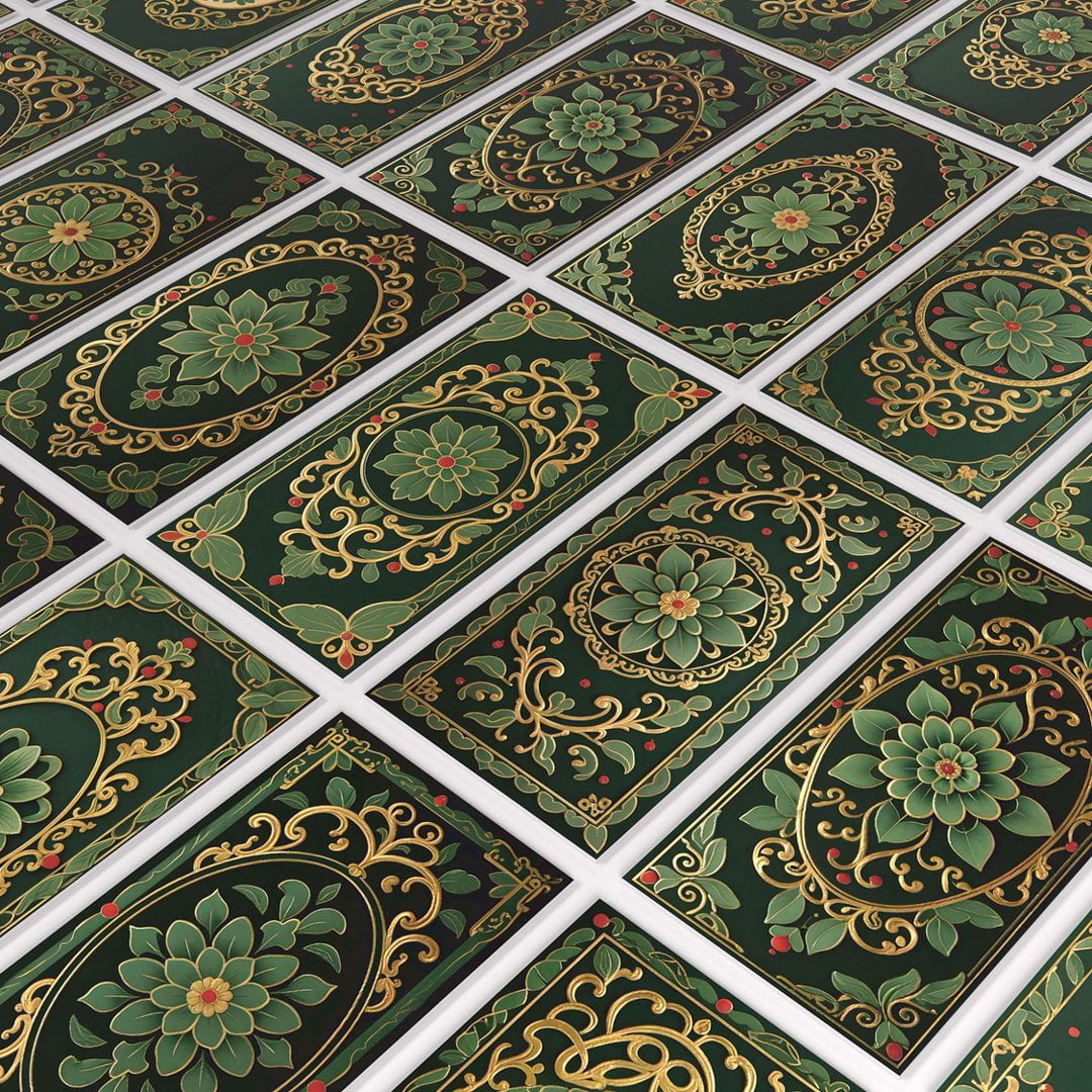 16Pcs Foaming Board Vinyl Tiles Stickers Wall Decals 8" x 4" Green Gold Flowers Pattern Waterproof Peel and Stick Backsplash Mural