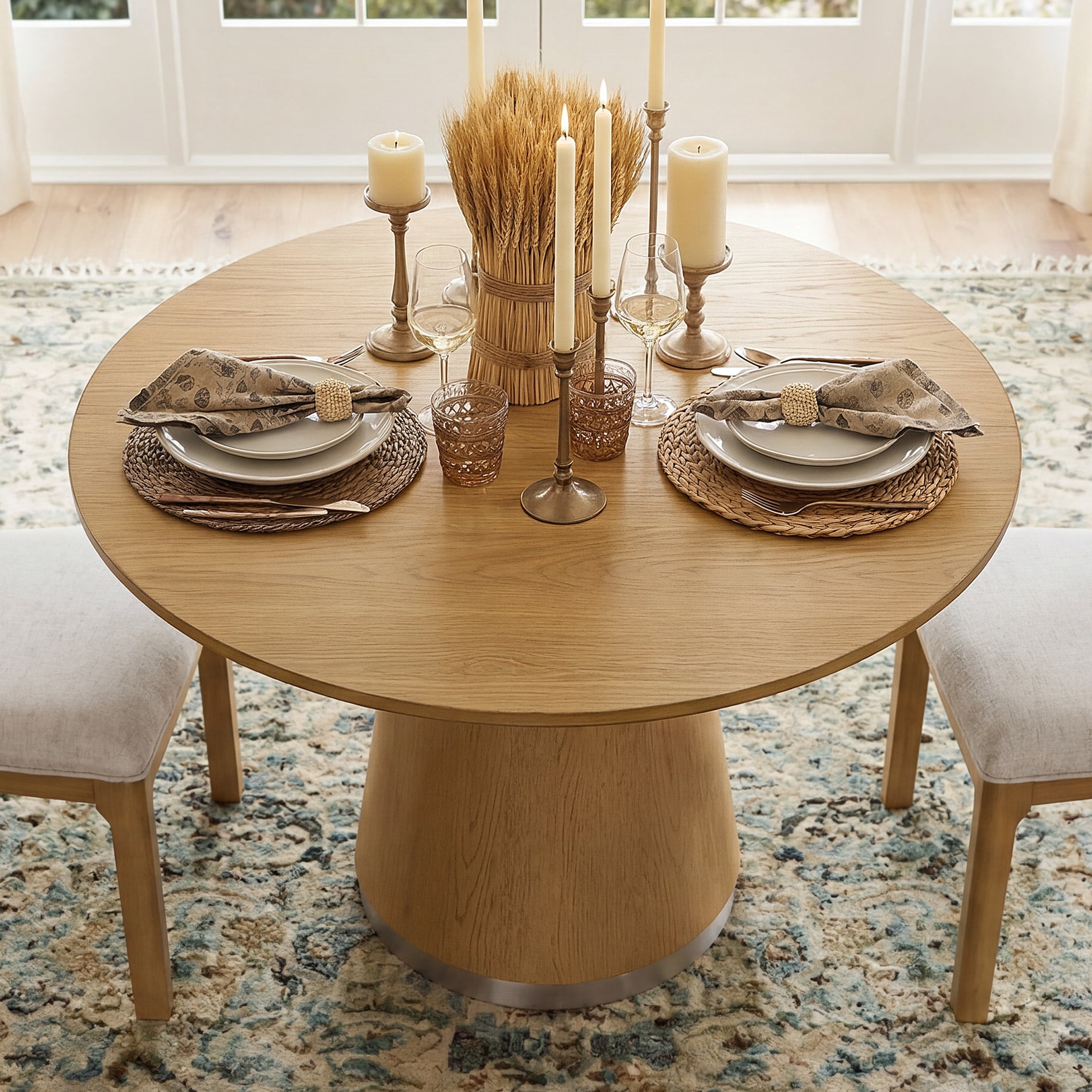 WAMPAT 43" Round Dining Table With Pedestal Base, Oak Brown
