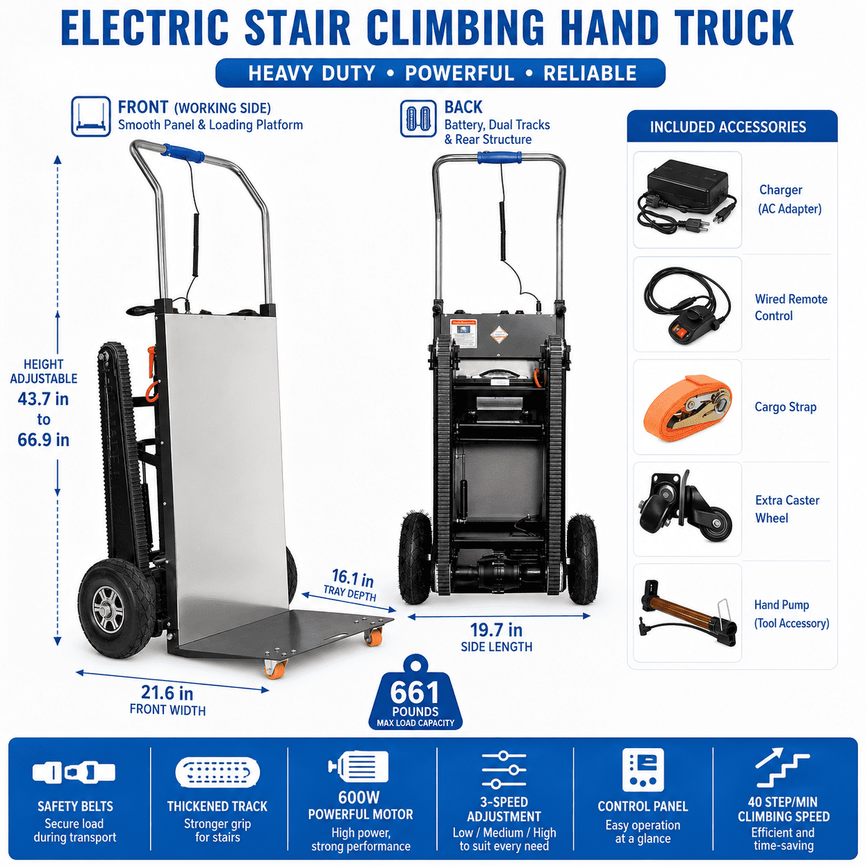 RXFSP Electric Stair Climbing Dolly - 661lb 600W Powered Hand Truck with Rubber Tracks | Heavy Duty Industrial Design (Black)
