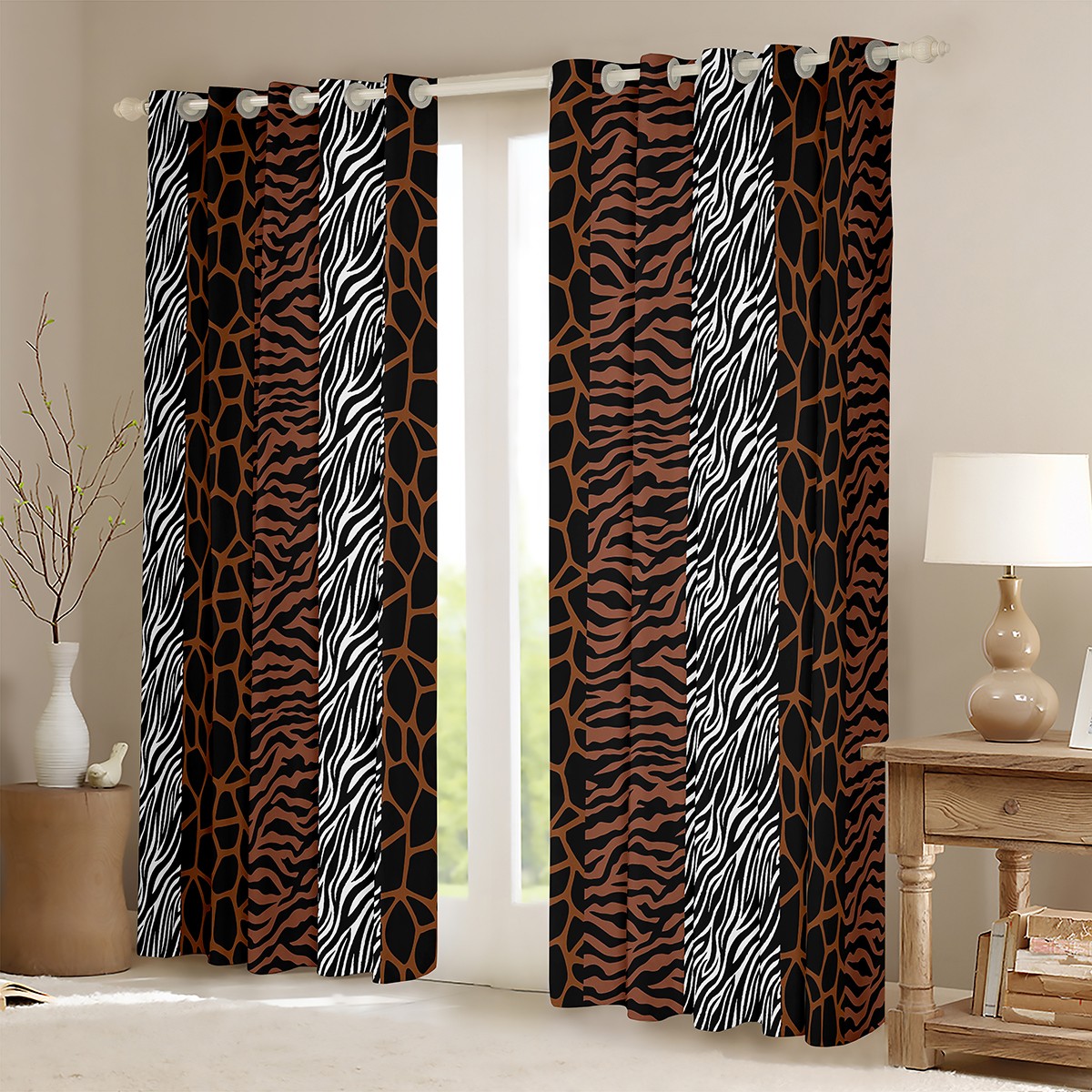 Homewish Cheetah Leopard Print Curtains Pack of 2 (42x84 Each), Brown Grey Fashion Stripes Curtains Blackout, Teens Adult men Women Bedroom Curtains, Living Room Curtains Decor