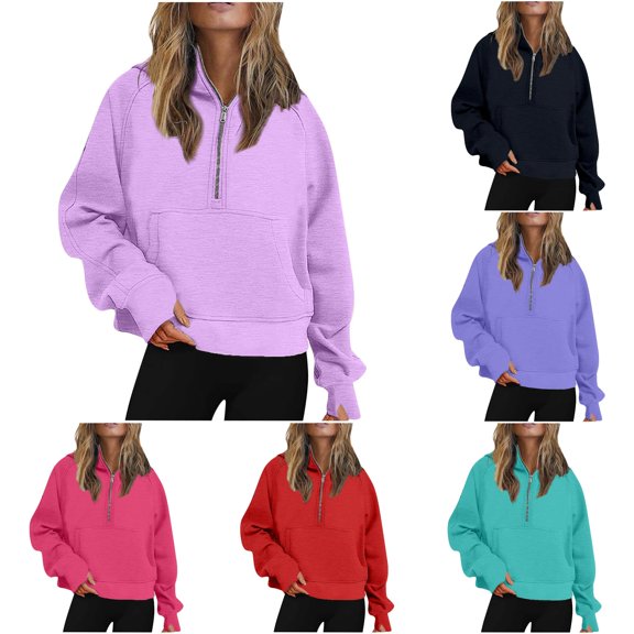 MEZZALL Sweatshirts For Women Solid Color Long Sleeve Hoodies Half Zip Cropped Pullover Quarter Zipper Fall Tops Clothes Basic Daily Outdoor Relaxed Fit Travel