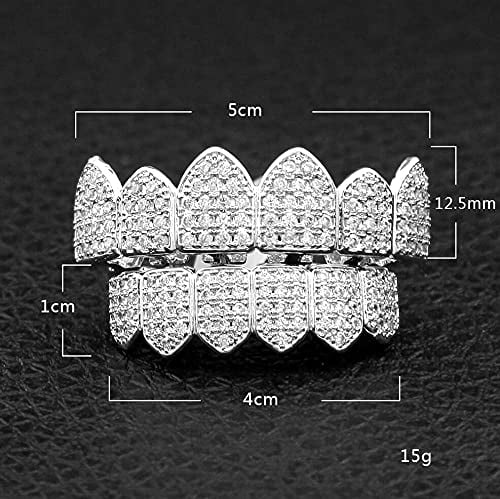 Iced Out Diamond Teeth Grillz for Men Women,Hip Hop Silver Gold Grills for your teeth Top and Bottom,Rapper Costume Mouth Grillz with Silicone Molding Bars