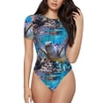 thumbnail image 1 of Bingfone Sea Turtle Swims Pattern Women's Round Neck Bodysuit, Tight Snap Button Short Sleeve Bodysuit, Suitable for Party, Sports, Daily Wear-Medium, 1 of 7