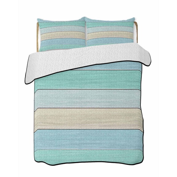 Quilts Queen Size Bedding Set, Teal Wooden Grain Lightweight Quilted Comforter, Vintage Chic Geometric Ombre Turquoise Soft Reversible Bedspread Coverlet with Pillow Covers for All Season, 90" x 96"