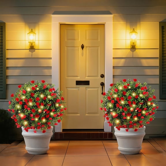 Lewondr Artificial Boxwood Topiary Ball with LED Lights,23.6'' Artificial Shrub Bushes with Ground Spike,Artificial Fake Plants for Indoor Outdoor Garden Patio Front Porch Decor