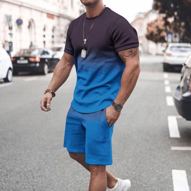 TIMIFIS Mens Short Sets 2 Piece Outfits Summer Tracksuits Casual Set T-shirt Set Colorless Gradient Printing Round Neck Short Sleeve T-shirt Shorts Regular Casual Sports Shorts Two Piece Set