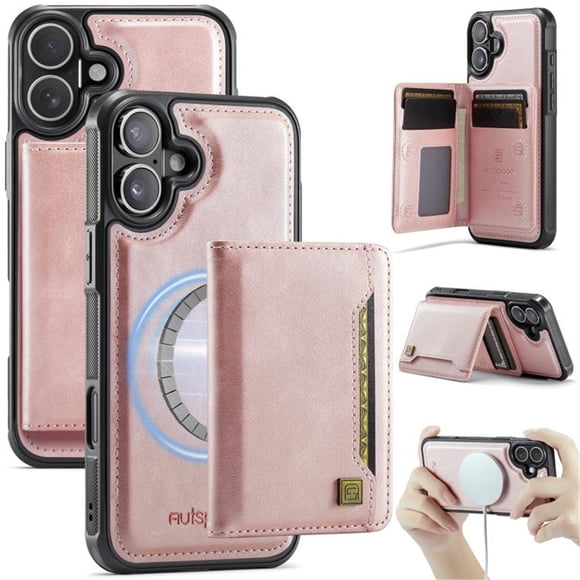 AutSpace Funda para Apple iPhone 16 Plus, Bloqueo RFID, Cuero PU, Compatible con MagSafe, Billetera Desmontable 2 en 1 con Tarjetero, Soporte, Cubierta Protectora Magnética, Rosa, para iPhone 16 Plus