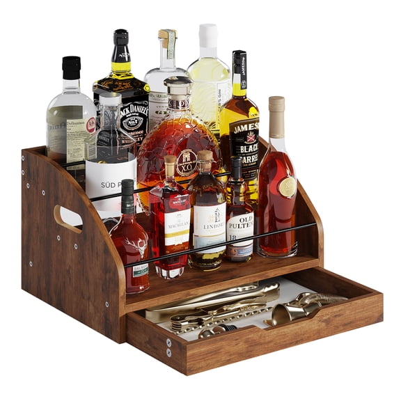 Bemico 3-Tier Retro Wood Bar Liquor and Wine Rack with Drawer, 3-Step Countertop Coffee Syrup Rack Organizer Bottle Holder for for Liquor Whiskey