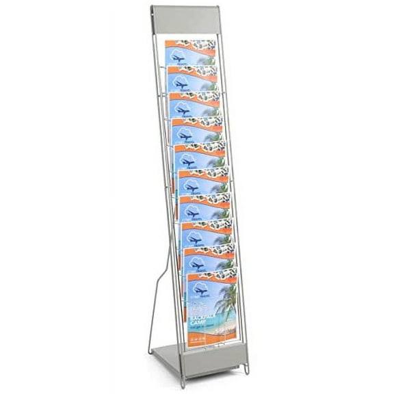 Portable Literature Stand with 10 Pockets for 8.5x11 Magazines, Carrying Bag Included, 54"h Floor-Standing Magazine Rack with Tiered Design, Steel (Silver)