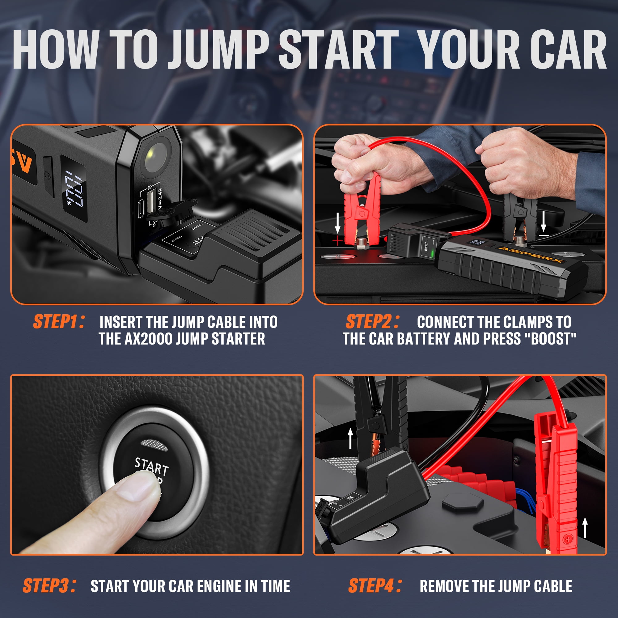 ASPERX Car Battery Jump Starter,2000A Peak Portable Jump Box for Car up to 8.0L Gas or 6.5L Diesel Engine, 12V Battery Power Booster with LED Light