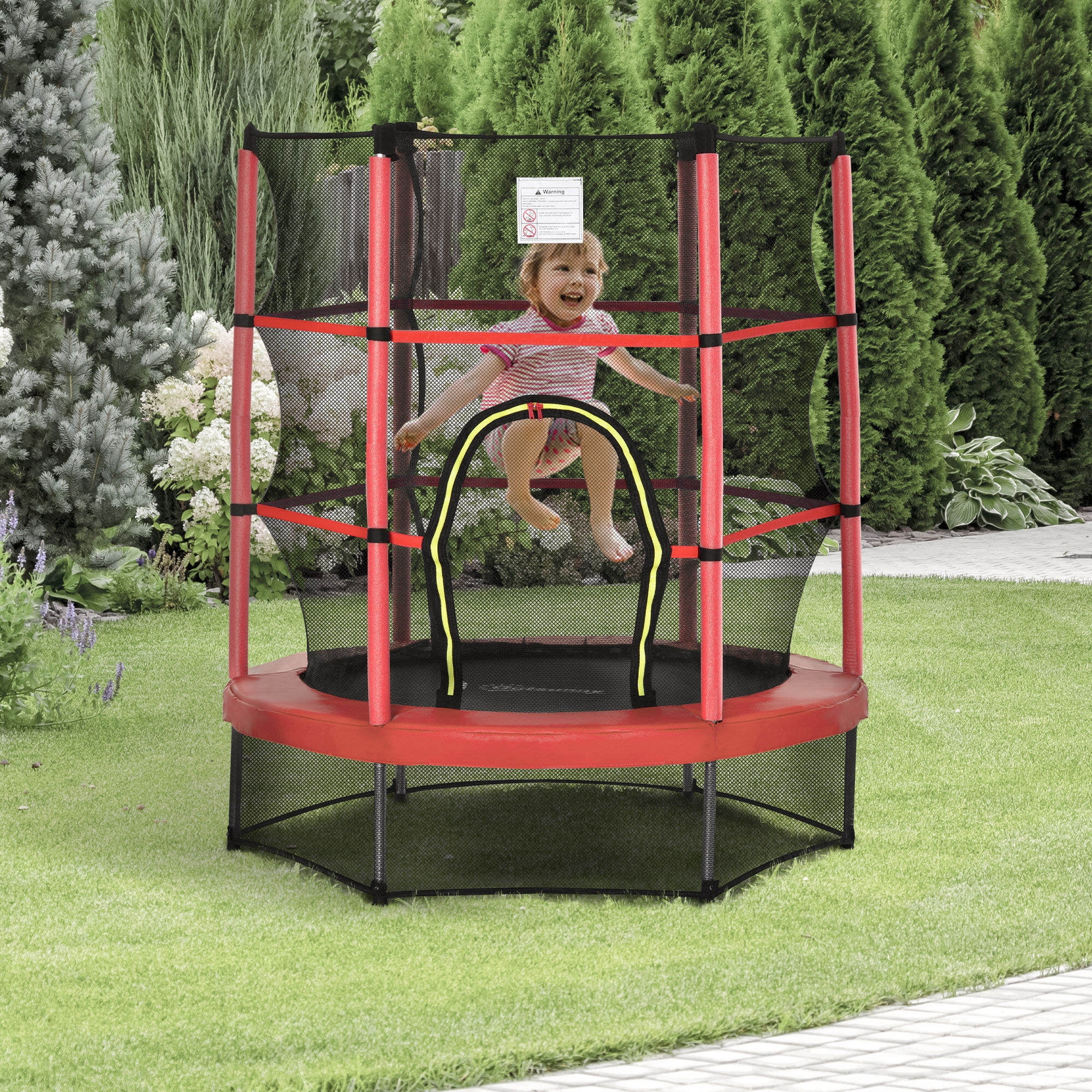 Kids Outdoor Toys, Φ5FT Kids Trampoline with Enclosure Net, Springless Design, Safety Pad and Steel Frame for Indoor Outdoor, Toddler Round Bouncer for Age 3 to 6 Years RED, Outdoor Play Equipment