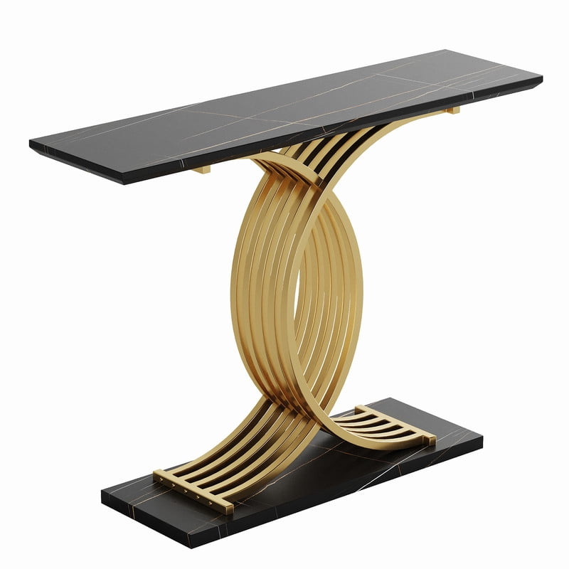 Accent Console Sofa Table with Gold Intertwined Crossed Metal Base, Entryway Display Side Table with Faux Marbling Top