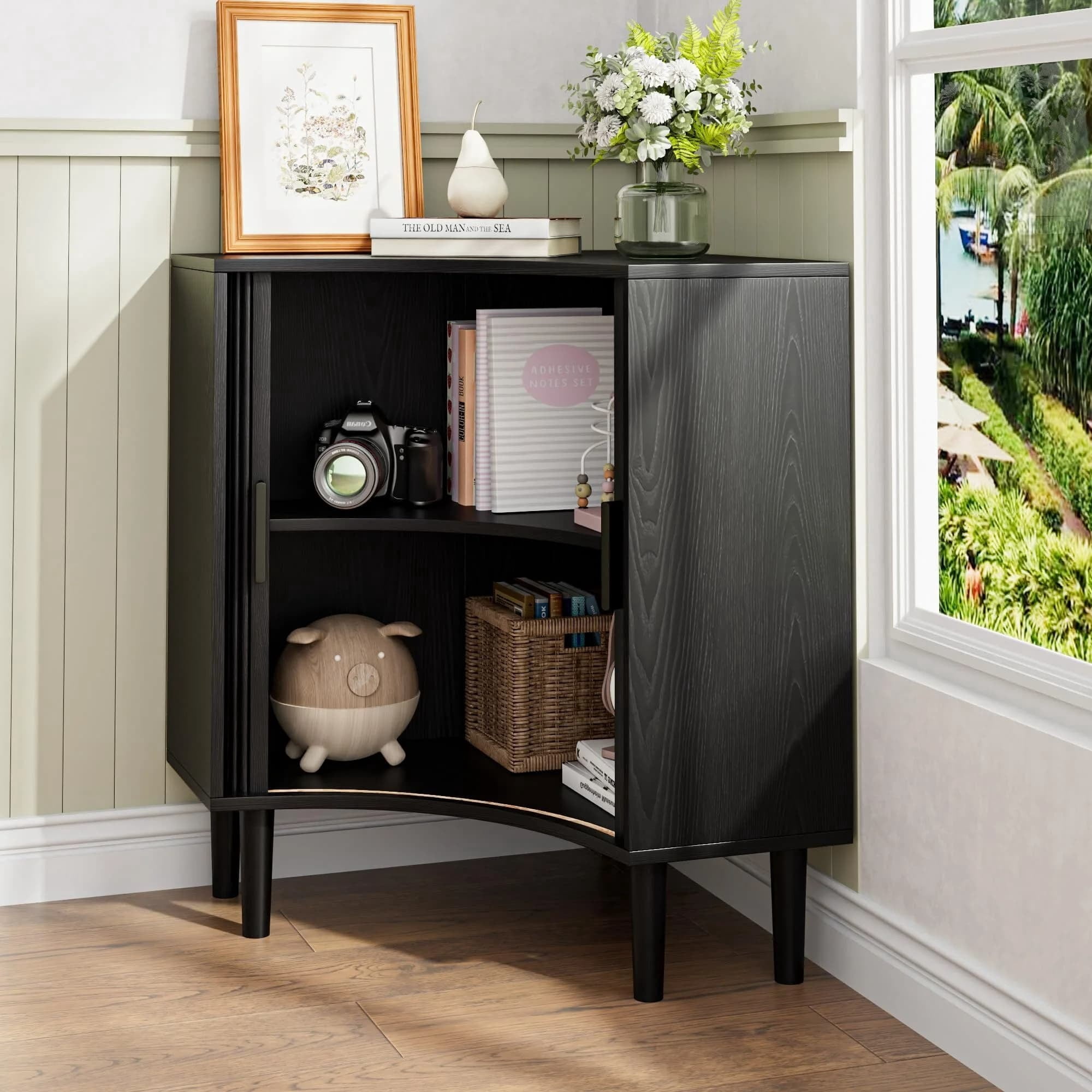 Modern Fluted Corner Cabinet with Sliding Doors, Small Wood Corner Storage for Small Space, Black